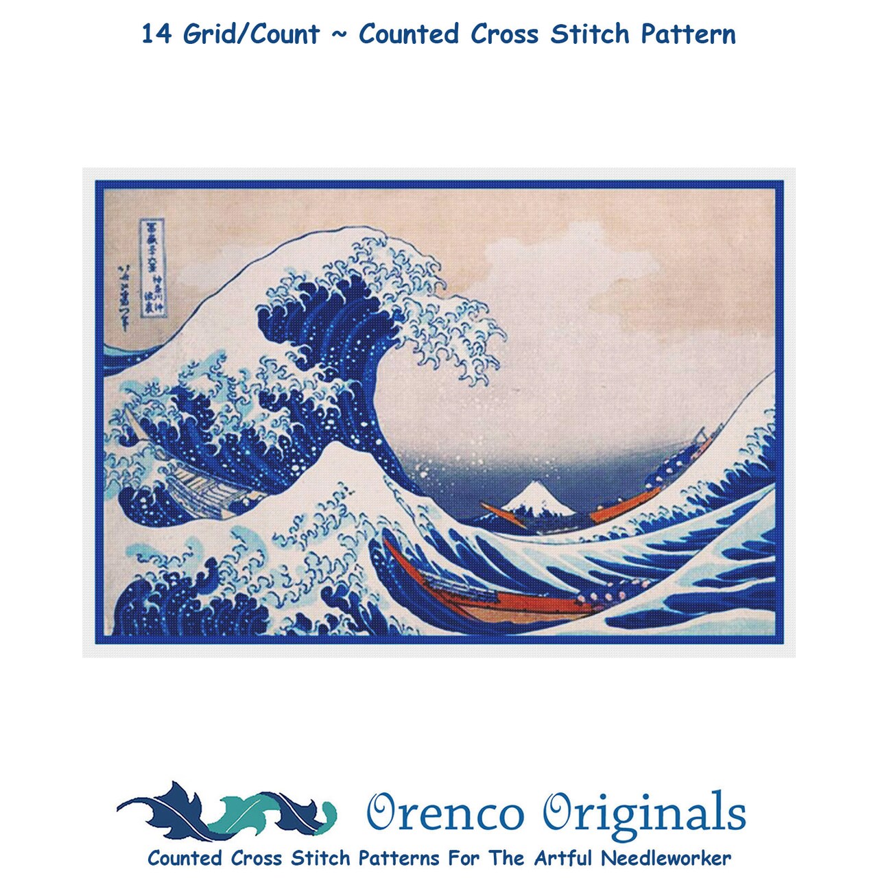 The Great Wave Kanagawa by Japanese artist Katsushika Hokusai Counted Cross Stitch Pattern